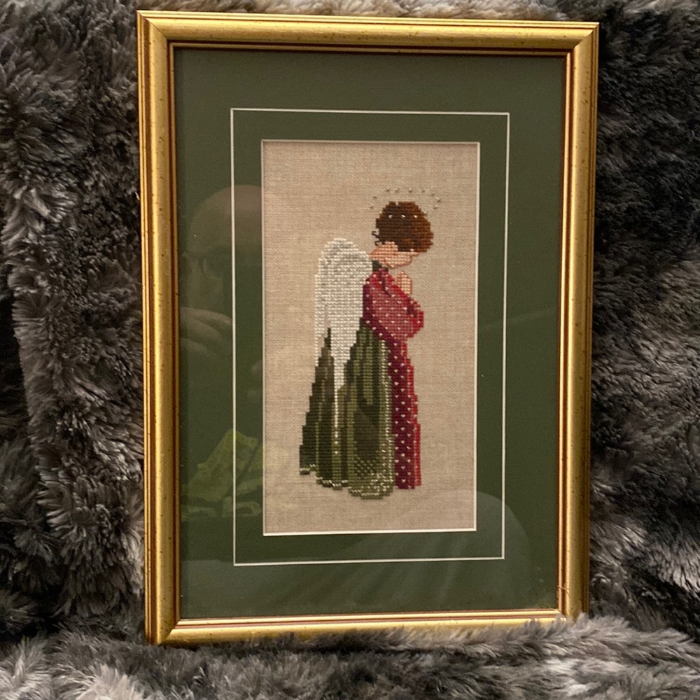 Framed Angel Cross-Stitch Wall Art in Green and Red